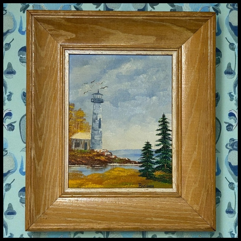 Vintage Lighthouse Coastal Seascape Framed Oil Painting on Masonite Board Signed Bushman