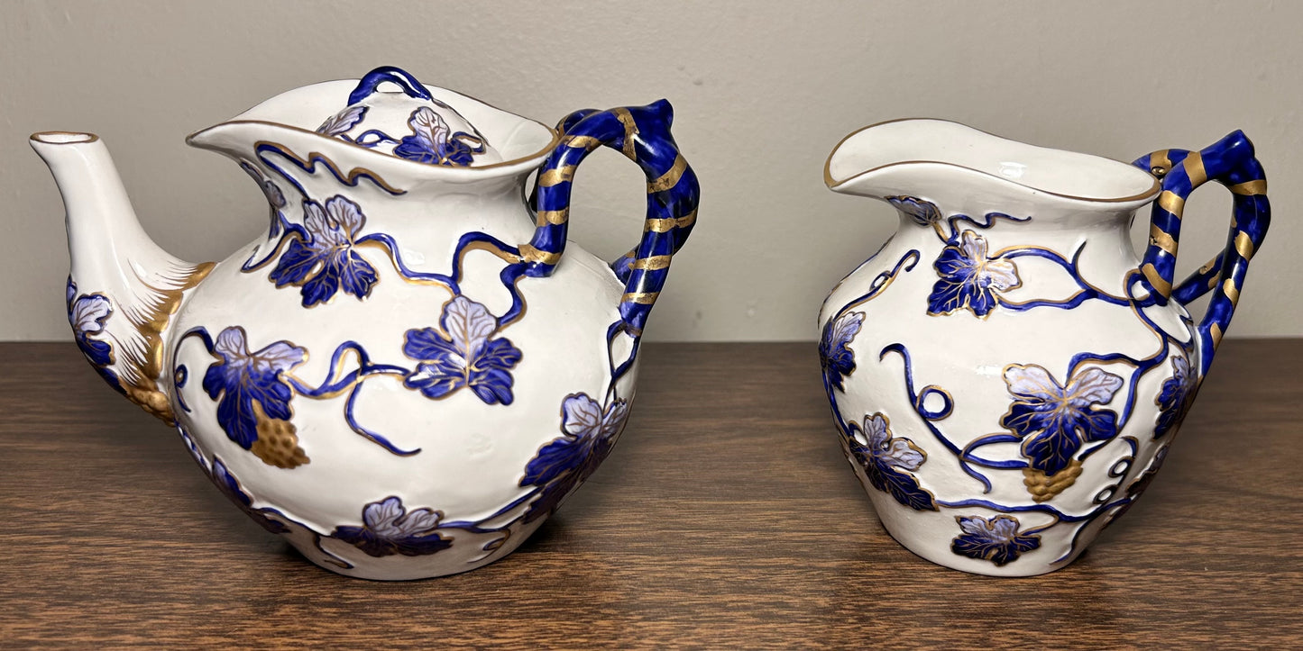 Vintage Mid 20th Century Italian Majolica Revival Style Gilded Cobalt Blue/White Porcelain Six-Piece Coffee Service Set