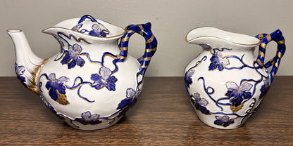 Vintage Mid 20th Century Italian Majolica Revival Style Gilded Cobalt Blue/White Porcelain Six-Piece Coffee Service Set