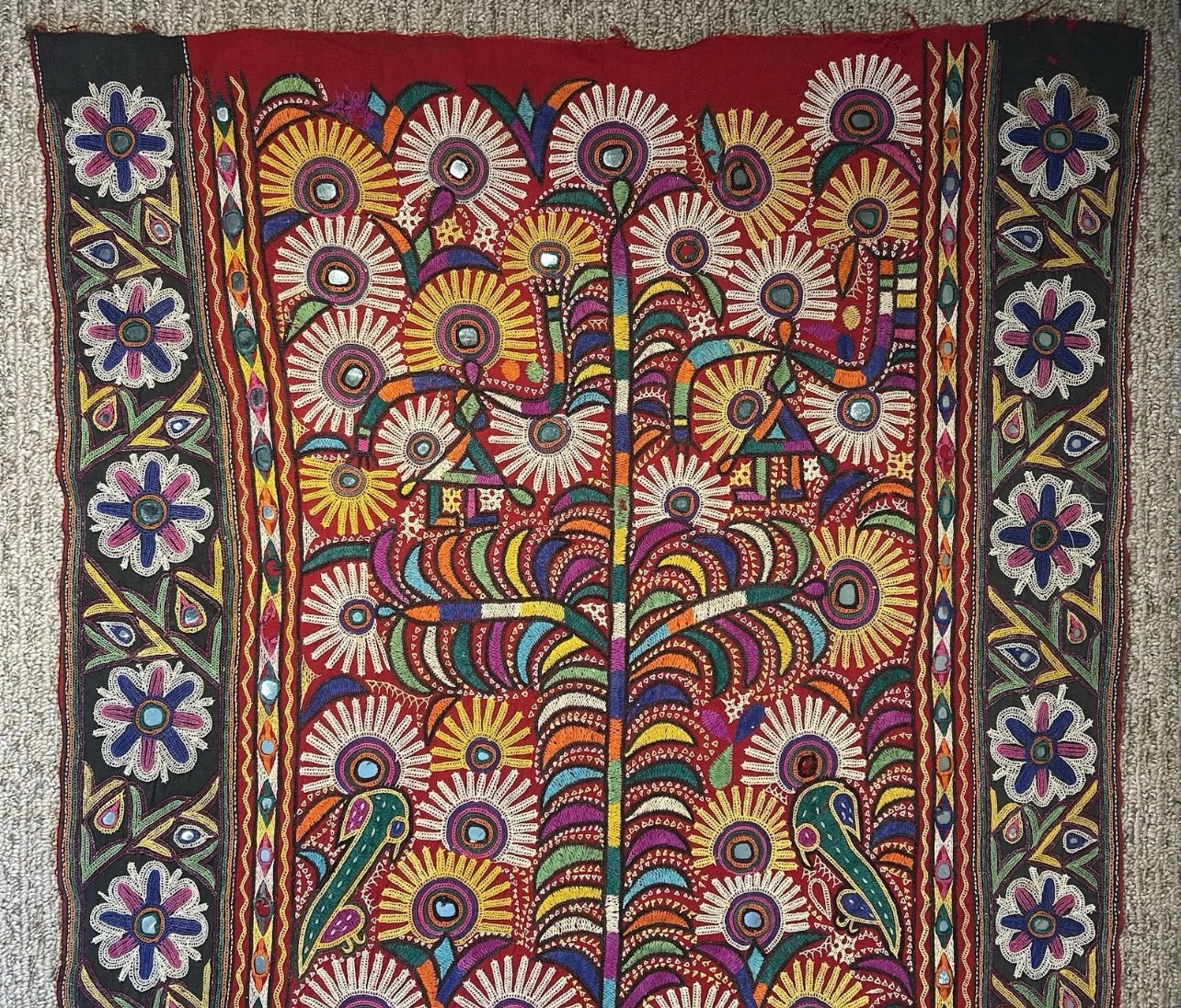 Vintage 1960’s Indian Kutch Chakla Embroidery/Mirror Work Textile Tree of Life Wall Hanging
