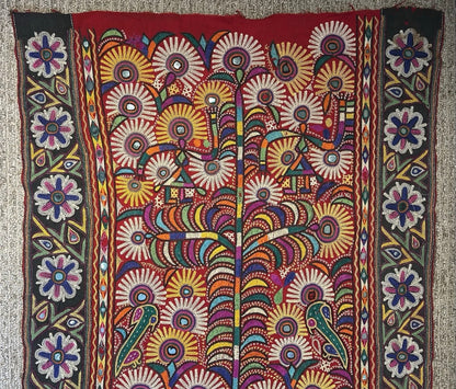 Vintage 1960’s Indian Kutch Chakla Embroidery/Mirror Work Textile Tree of Life Wall Hanging