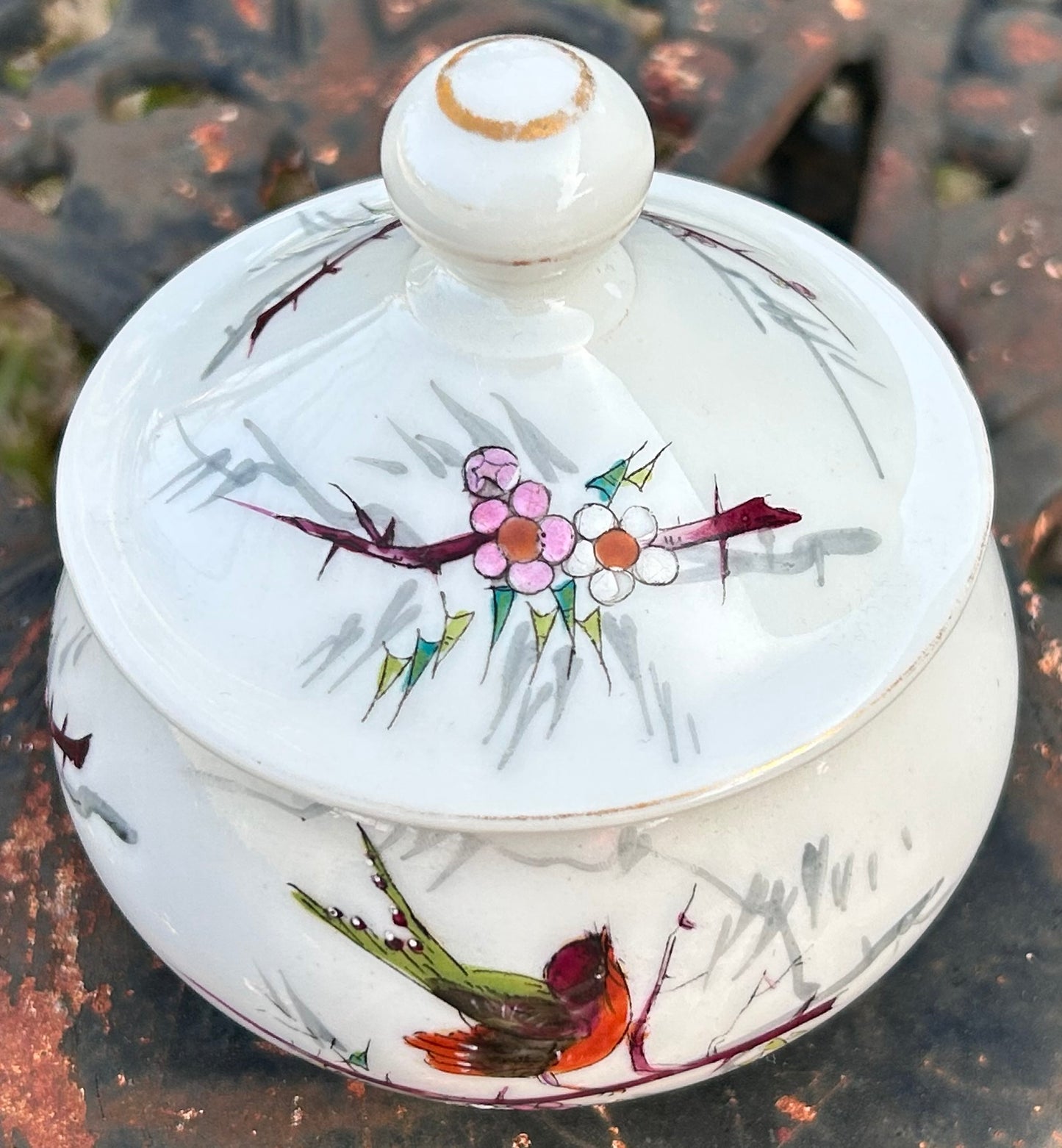 Vintage 1960’s Japanese Porcelain Hand-Painted Floral/Bird Motifs Lidded Vanity Jar
