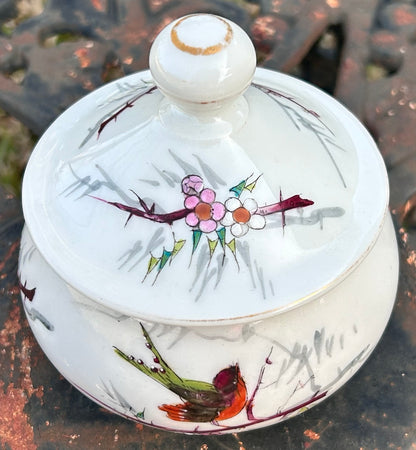 Vintage 1960’s Japanese Porcelain Hand-Painted Floral/Bird Motifs Lidded Vanity Jar