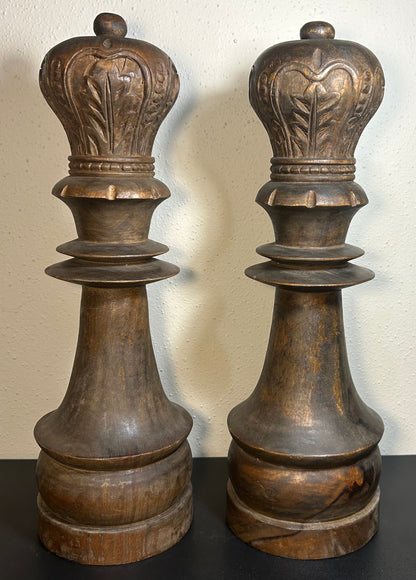 Pair of Vintage 1970’s Monumental Staunton Style Hand-Carved Kamagong Wood Queen Chess Piece Sculptures Made in the Phillipines