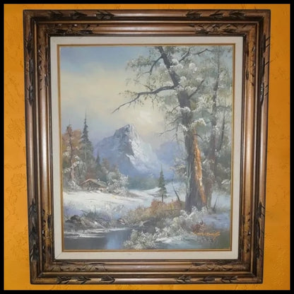 Vintage Circa 1970 Snow Covered Mountain Forest Landscape Framed Oil Painting on Canvas by L. Harding