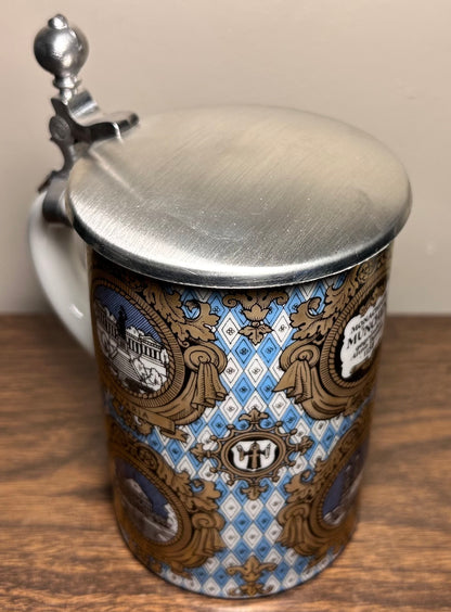 Vintage 1980’s German Porcelain Pewter Lidded Munchen Souvenir Stein