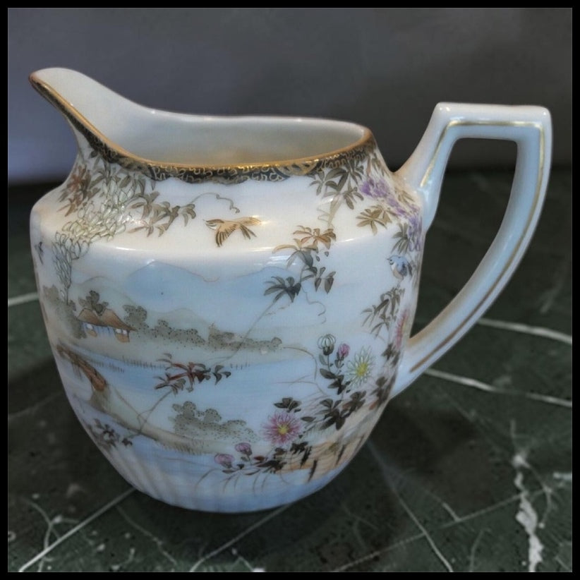 Circa 1920 Japanese Kutani Porcelain Landscape/Floral/Bird Motifs Lobed Base Creamer Pitcher (Taisho Period)
