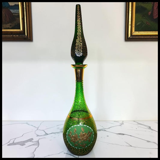 Vintage Mid 20th Century Bohemian Emerald Green Glass Wurmlinien Decorated Roses Floral Motif Decanter with Large Faceted Pointed Stopper