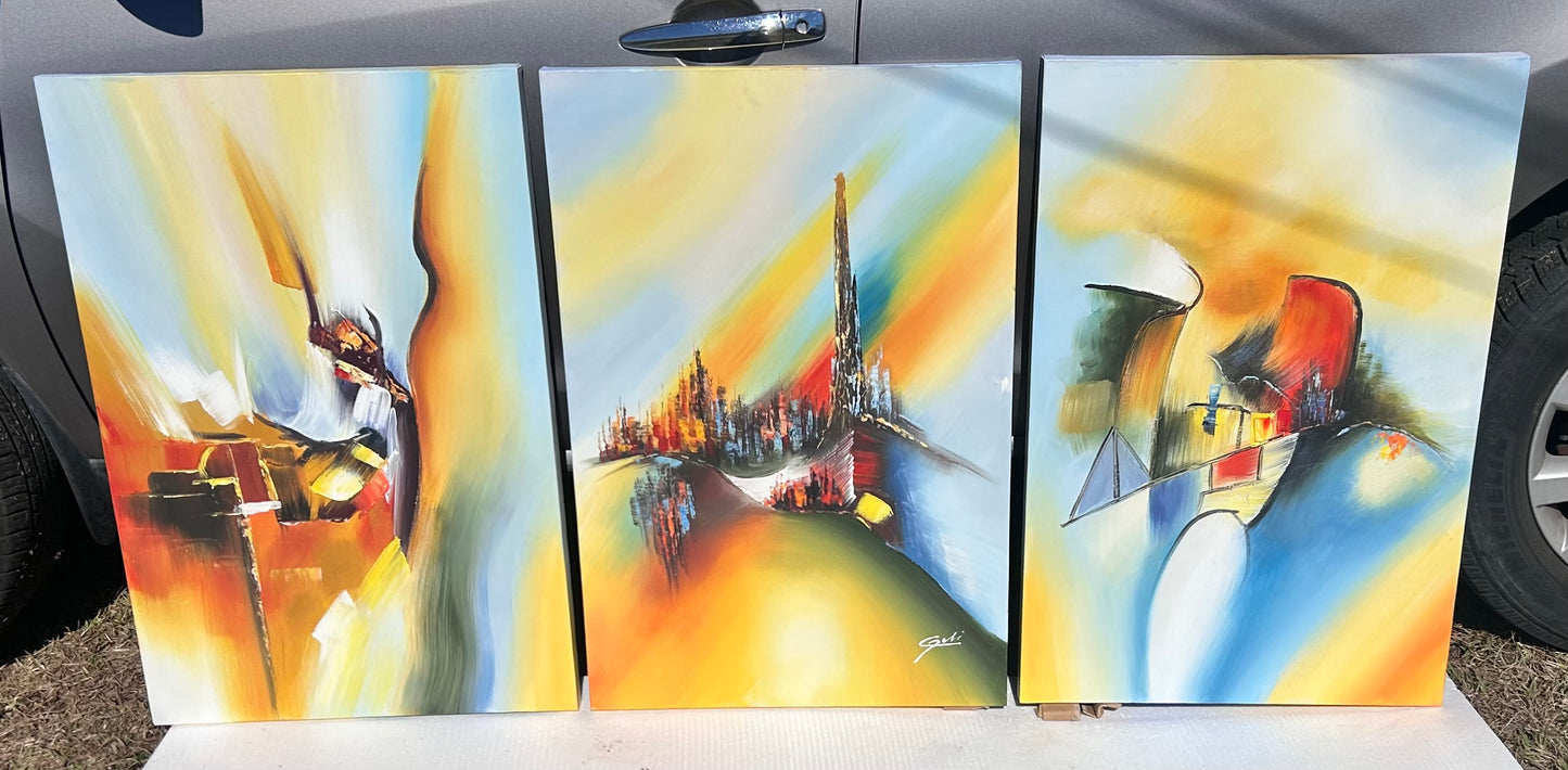 Set of 3 Triptych Contemporary Abstract Impressionist Acrylic Paintings on Canvas Signed Gui (20th/21st Century)