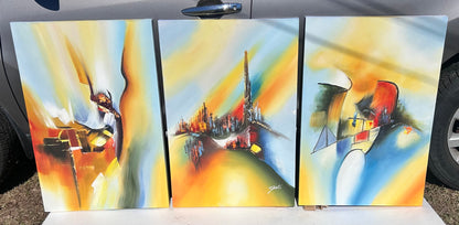 Set of 3 Triptych Contemporary Abstract Impressionist Acrylic Paintings on Canvas Signed Gui (20th/21st Century)