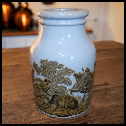 Circa 1880 English Victorian Prattware Pottery Blue Transferware Boar Hunt Scene Motif Mustard Jar