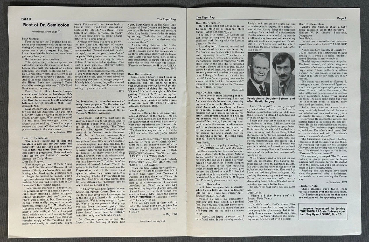 Vintage Louisiana State University School of Medicine The Tiger Rag Satirical Magazine (April 1980)