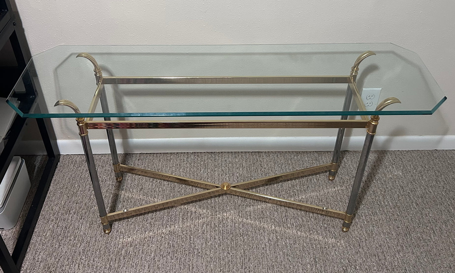 Vintage 1970’s French Maison Jansen Style Brass/Chrome Metal Base Beveled Glass Top Console Table