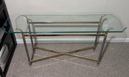 Vintage 1970’s French Maison Jansen Style Brass/Chrome Metal Base Beveled Glass Top Console Table