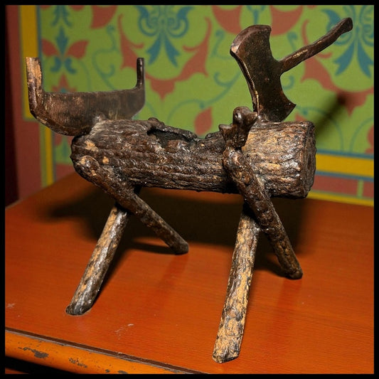 Vintage 1950’s American Brutalist Welded Iron/Brass Metal Log on Stand Form Sculptural Ashtray