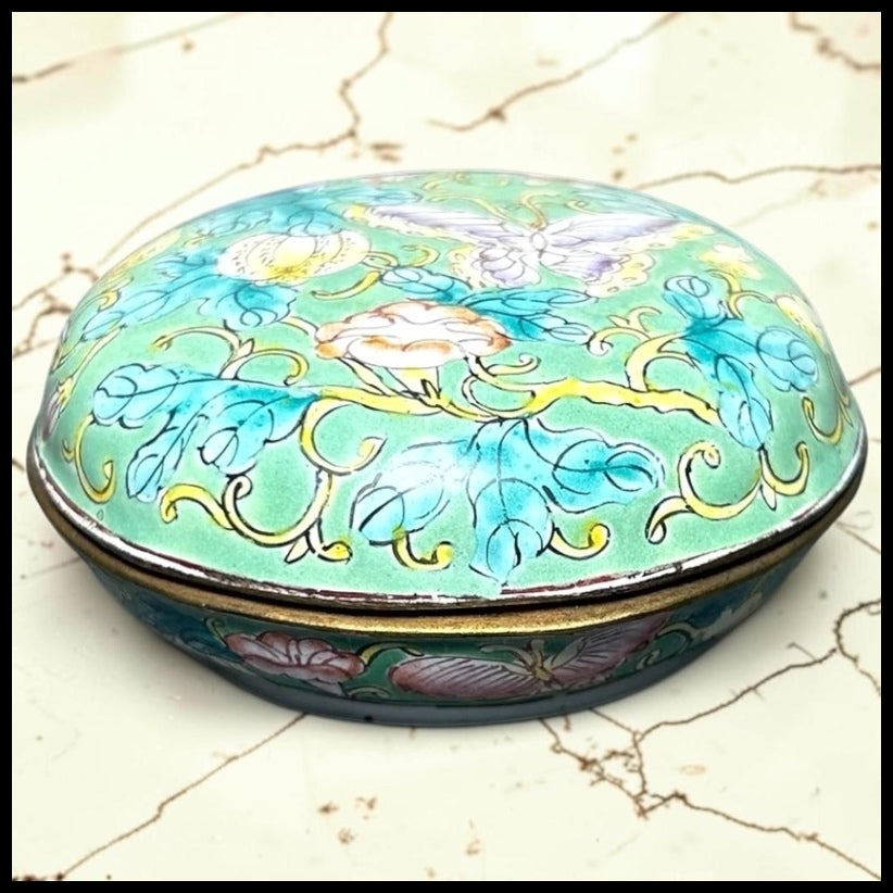 Vintage 1986 Knights of Sparta Chinese-Style Cloisonne on Brass Butterfly/Floral Motifs Round Trinket Box Mardi Gras Krewe Favor