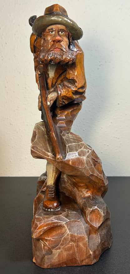 Vintage 1954 German Oberammergau Bavarian Hunter Wood Carving Statue by Valentin Riff