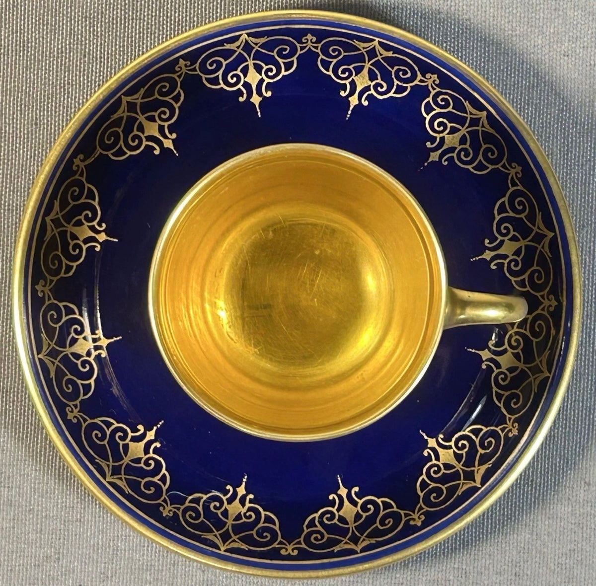 Austrian Augarten Porcelain Biedermeier Style Gilded Cobalt Blue Scrollwork Motifs Demitasse Cups and Saucer Set