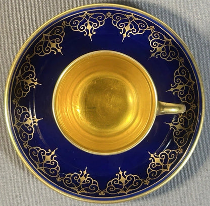 Austrian Augarten Porcelain Biedermeier Style Gilded Cobalt Blue Scrollwork Motifs Demitasse Cups and Saucer Set