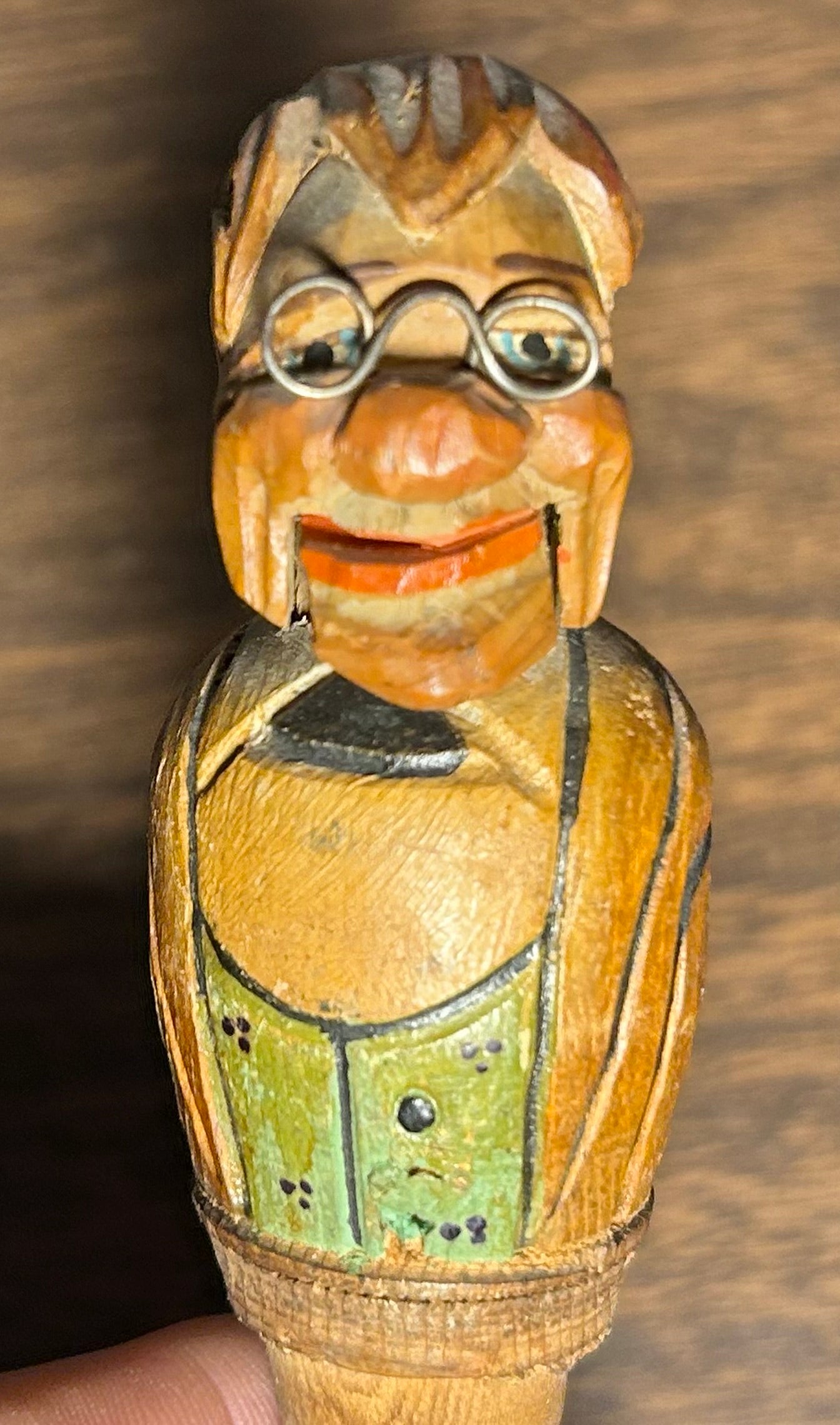 Vintage 1950’s Italian ANRI Carved Wooden Polychrome Mechanical Man in Glasses Figural Bottle Stopper