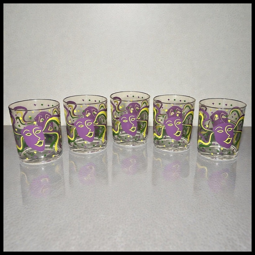 Set of 5 Vintage 1960’s American Cera Mid Century Modern Mardi Gras Mask Motif Plastic Lowball Glasses