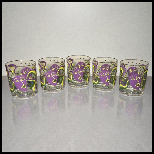 Set of 5 Vintage 1960’s American Cera Mid Century Modern Mardi Gras Mask Motif Plastic Lowball Glasses