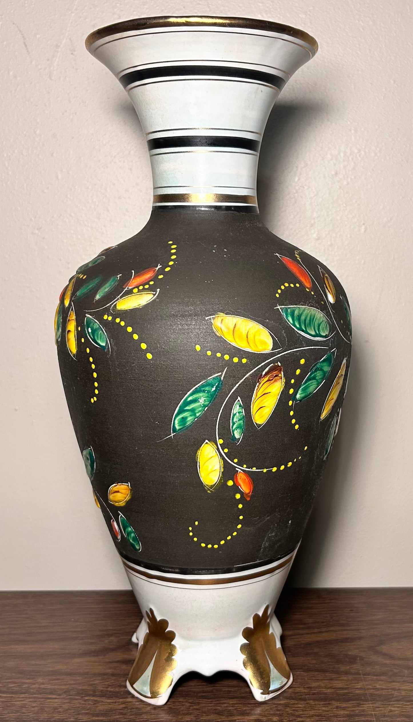 Vintage 1950’s H. Bequet Quaregnon Belgium Pottery Gilded Enamel Hand-Painted Floral Motifs Footed Baluster Vase