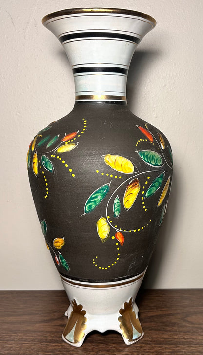 Vintage 1950’s H. Bequet Quaregnon Belgium Pottery Gilded Enamel Hand-Painted Floral Motifs Footed Baluster Vase
