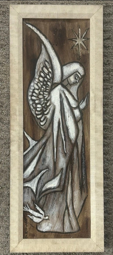 Pair of Vintage 1960’s American Mid Century Modern Angel Acrylic Paint/Pencil Mixed Media Framed Art on Wood Panels Signed Stone