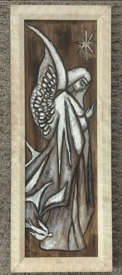 Pair of Vintage 1960’s American Mid Century Modern Angel Acrylic Paint/Pencil Mixed Media Framed Art on Wood Panels Signed Stone