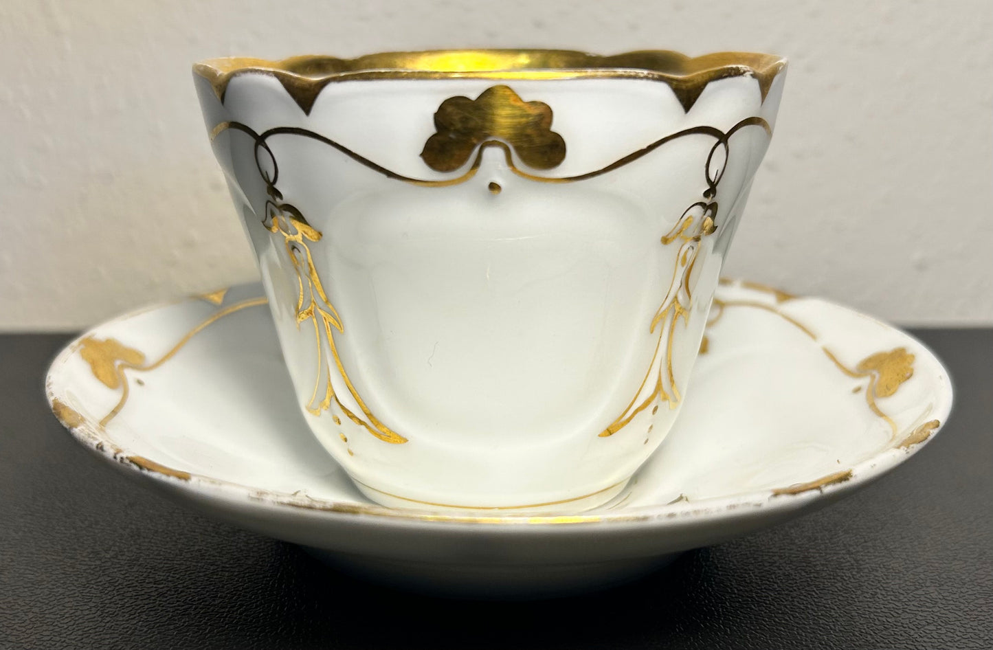 Late 19th Century French Rococo Revival T. REES. Old Paris Porcelain Gilded Floral/Vine Motifs Teacup and Saucer Set