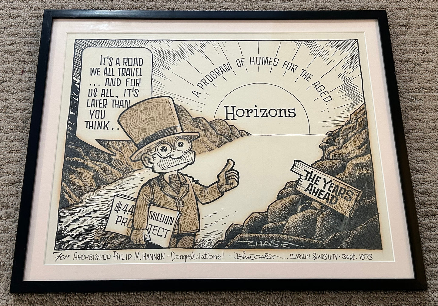 Vintage 1973 John Churchill Chase New Orleans Framed Signed Original Cartoon Art for Catholic Horizons “A Program for the Aged” Gifted to Archbishop Philip M. Hannan from the Clarion Herald and WDSU-TV