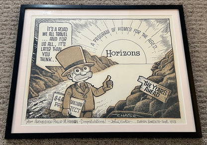 Vintage 1973 John Churchill Chase New Orleans Framed Signed Original Cartoon Art for Catholic Horizons “A Program for the Aged” Gifted to Archbishop Philip M. Hannan from the Clarion Herald and WDSU-TV