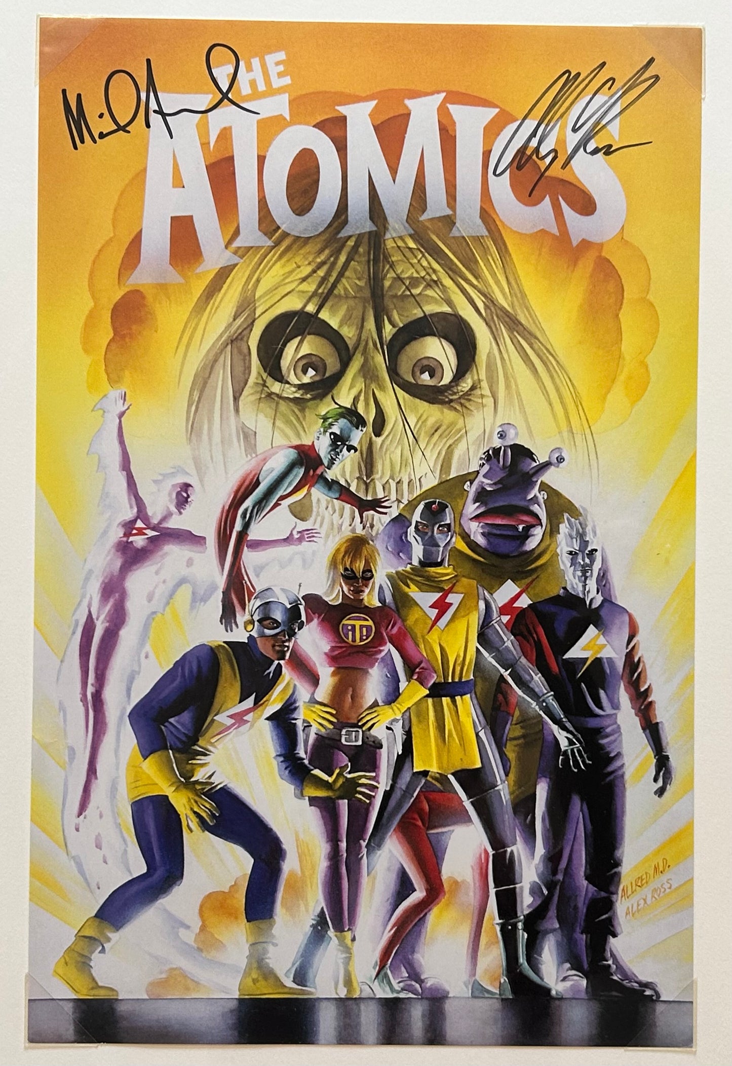 Vintage Early 2000’s The Atomics Comic Book Art Framed Print Signed by Artists Mike Allred and Alex Ross