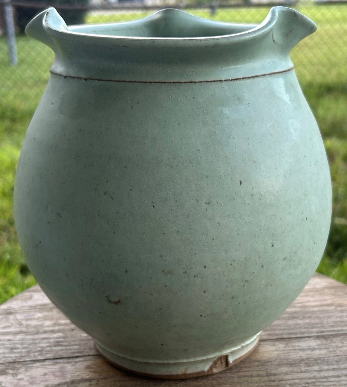 2005 Potsalot Studio Art Pottery Contemporary Style Stoneware Ruffled Rim Bulbous Vase (New Orleans, Louisiana)