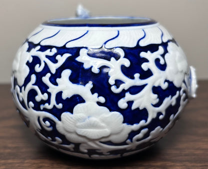 1885 English Victorian Royal Worcester Porcelain Japanesque Style Porcelain Brush Washer Form White/Cobalt Blue Raised Relief Dragon Motif Small Rotund Vase