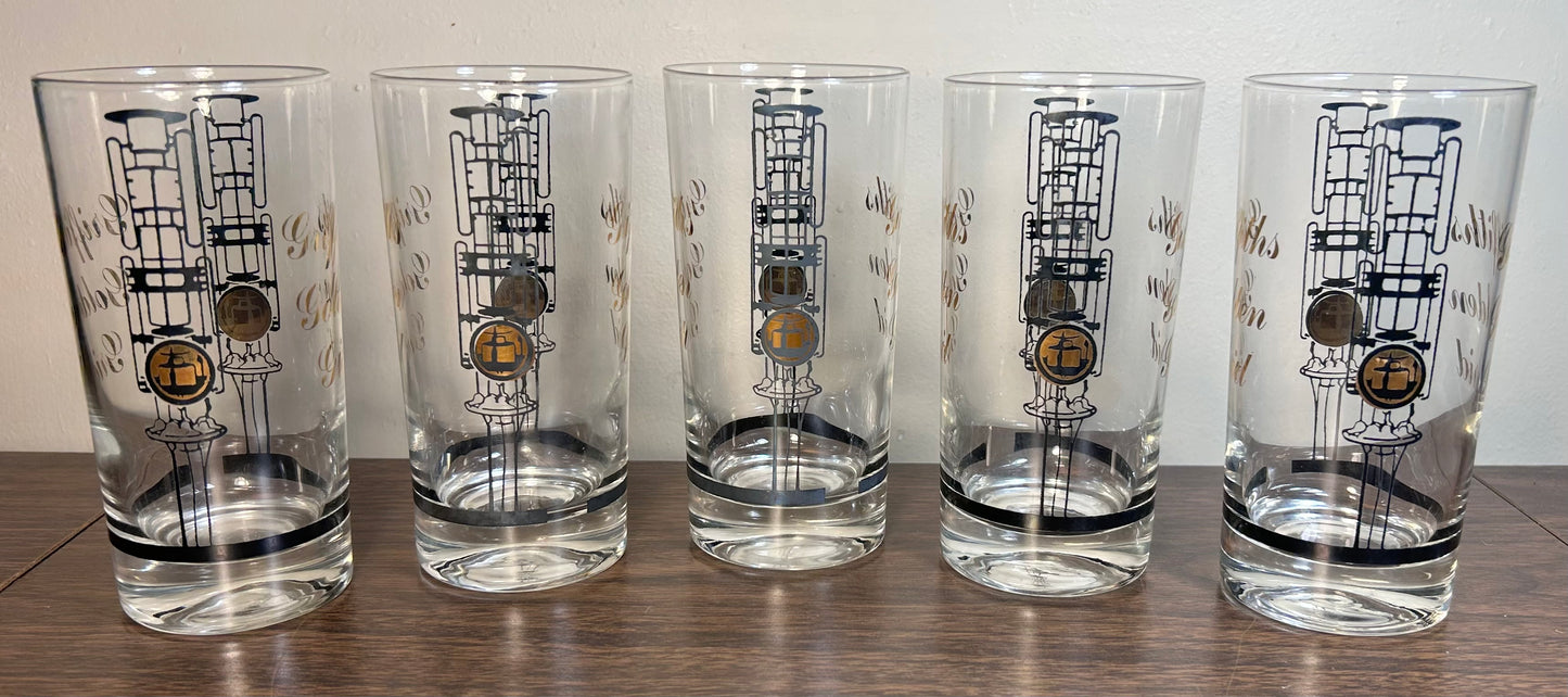 Set of 5 Vintage 1960’s American Mid Century Modern Griffiths Golden Grid Gilded Television Component Motifs Highball Glasses