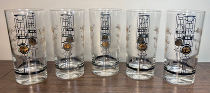 Set of 5 Vintage 1960’s American Mid Century Modern Griffiths Golden Grid Gilded Television Component Motifs Highball Glasses
