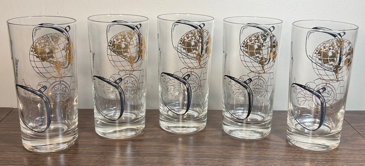 Set of 5 Vintage 1960’s American Thomas Electronics Mid Century Modern Gilded Television Component Motifs Highball Glasses