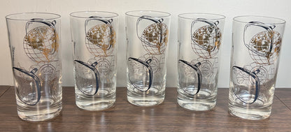 Set of 5 Vintage 1960’s American Thomas Electronics Mid Century Modern Gilded Television Component Motifs Highball Glasses