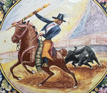 Vintage 1950’s Peruvian Fabrica Ceramica Artistica Pottery Glazed Terracotta Matador/Bull Motif Master Charger Platter
