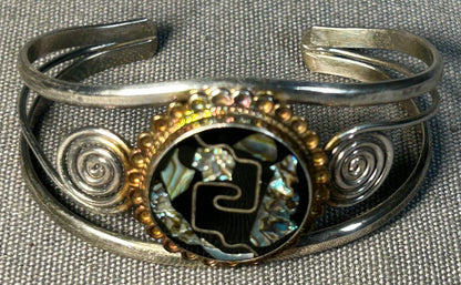 Vintage Circa 1970 Mexican Alpaca Modernist Silver Tone Abalone Shell and Black Onyx Inlay Aztec Chimalli Shield Motif Bangle Bracelet and Tassel Dangle Earrings Jewelry Set