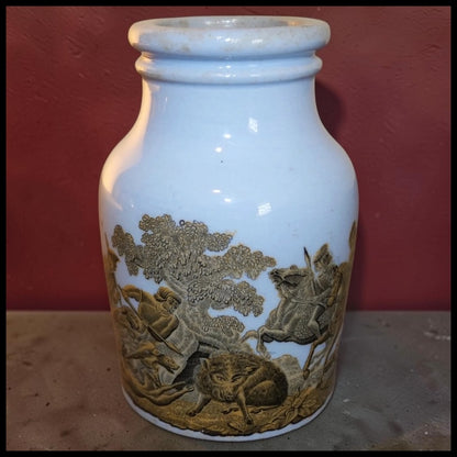 Mid 19th Century English Victorian Staffordshire Prattware Pottery Transferware Wild Boar Hunt Scene Motif Potted Meat Jar