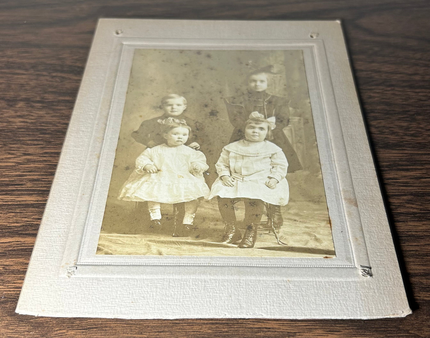 Late 19th Century American Victorian Group of Young Children Sepia Gelatin Silver Print Portrait Cabinet Card Photograph
