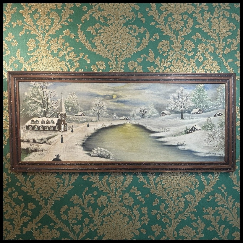 1944 American Folk Art Style Winter Landscape Framed Glitter Embellished Oil Painting by Clarence Killian (Indiana)