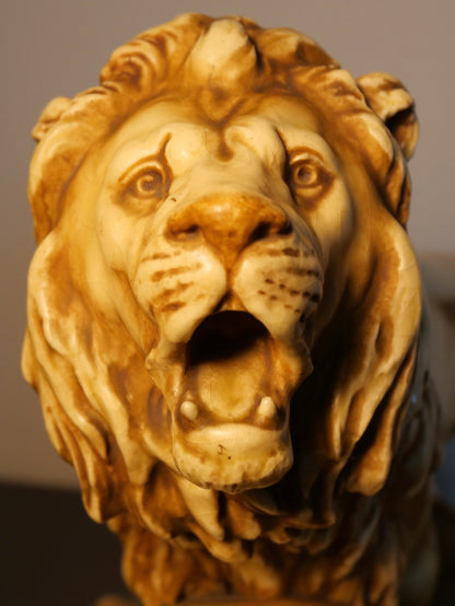 Circa 1900 Austrian Art Nouveau Theodore Schoop for Bernard Bloch Porcelain Lion and Lioness on Rock Figural Group Sculpture