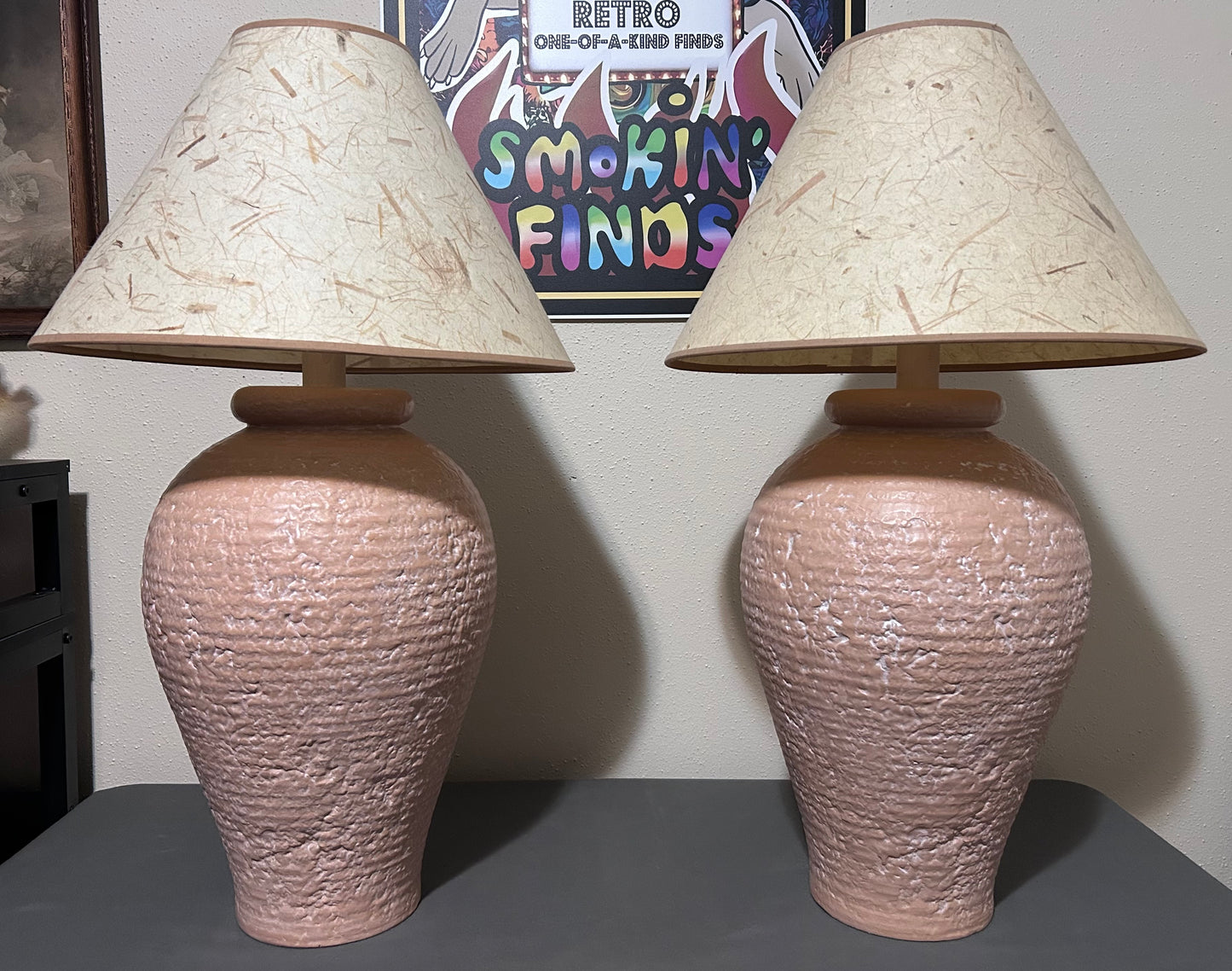 Pair of Vintage 1980’s American Postmodern Pastel Pink Banded Textured Ceramic Base Table Lamps with Thai Banana Paper Shades
