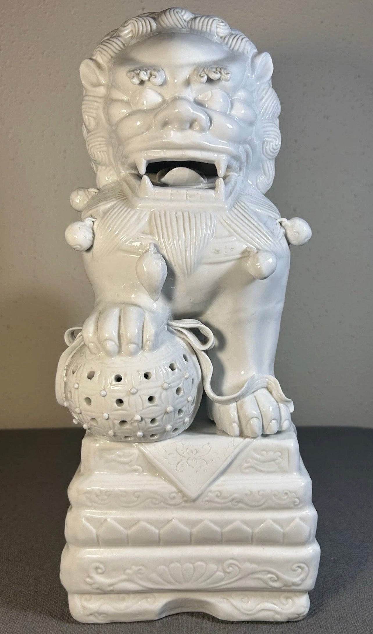 Vintage 1980’s Chinese Dehua Blanc de Chine Porcelain Male Foo Dog Guardian Lion Statue