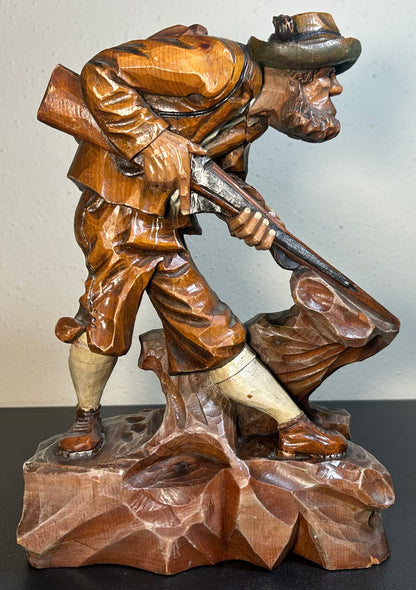 Vintage 1954 German Oberammergau Bavarian Hunter Wood Carving Statue by Valentin Riff