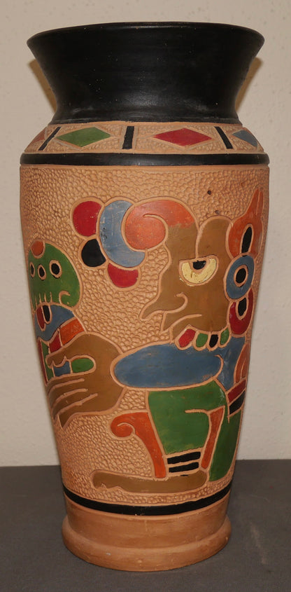 Vintage 1960's Guatemalan Mid Century Modern Clay Aztec Motifs Baluster Vase